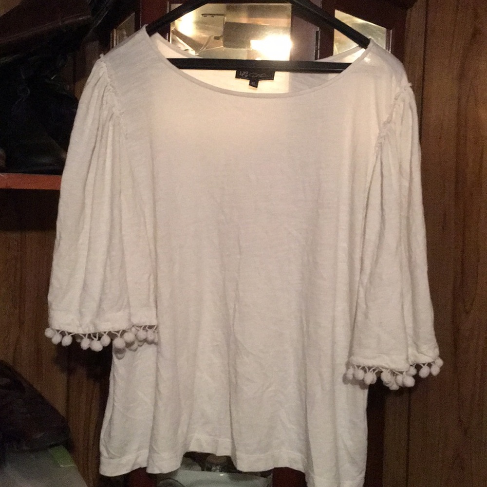 Diane Gilman White blouse, pom pom sleeves
